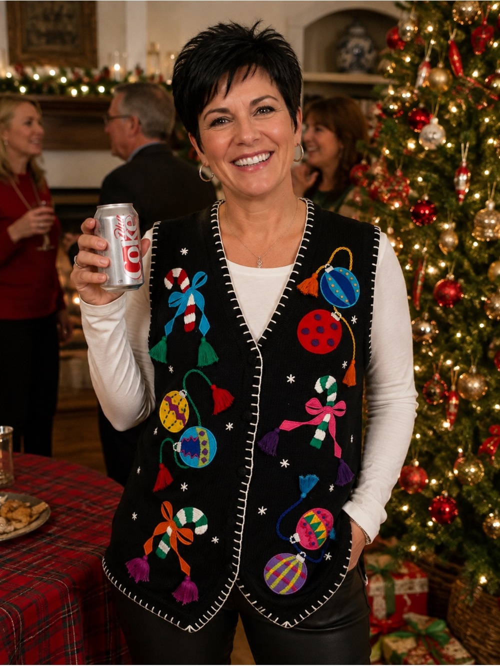 Ugly Black Christmas Sweater Vest by OHI Tree Ornaments and Tassels Women’s Sz M